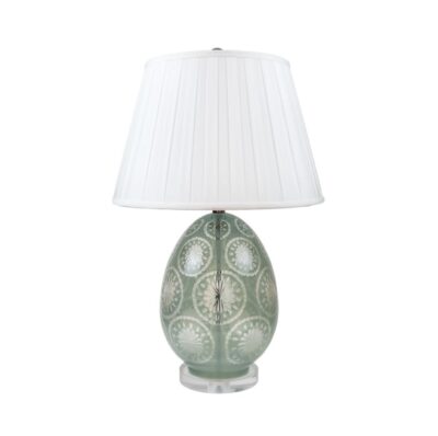 Close-up of Flora Table Lamp featuring Ice Blue base with White Pleated Shade.