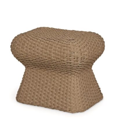 Mushroom-shaped wicker stool with woven resin design, perfect for outdoor use or as an indoor water hyacinth accent piece.