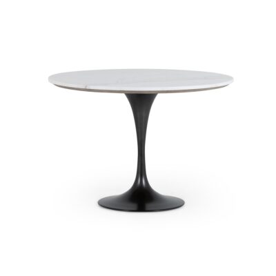 Stylish round dining table featuring a sleek tulip base in black iron, topped with a white marble surface.