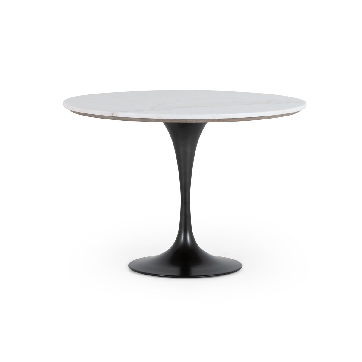 Stylish round dining table featuring a sleek tulip base in black iron, topped with a white marble surface.