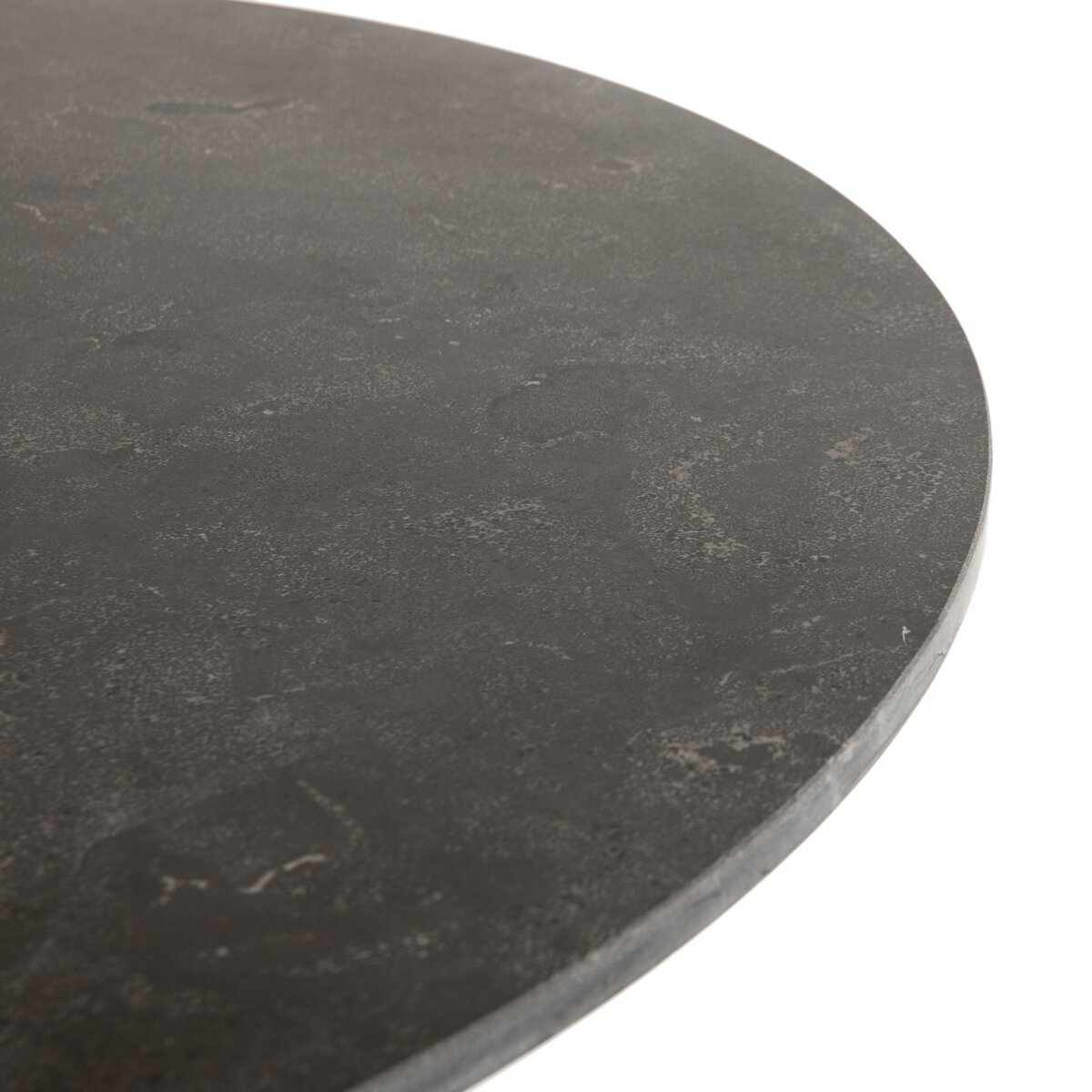 Close-up of Powell Marble & Iron Dining Table in rustic black iron finish, featuring white marble top.
