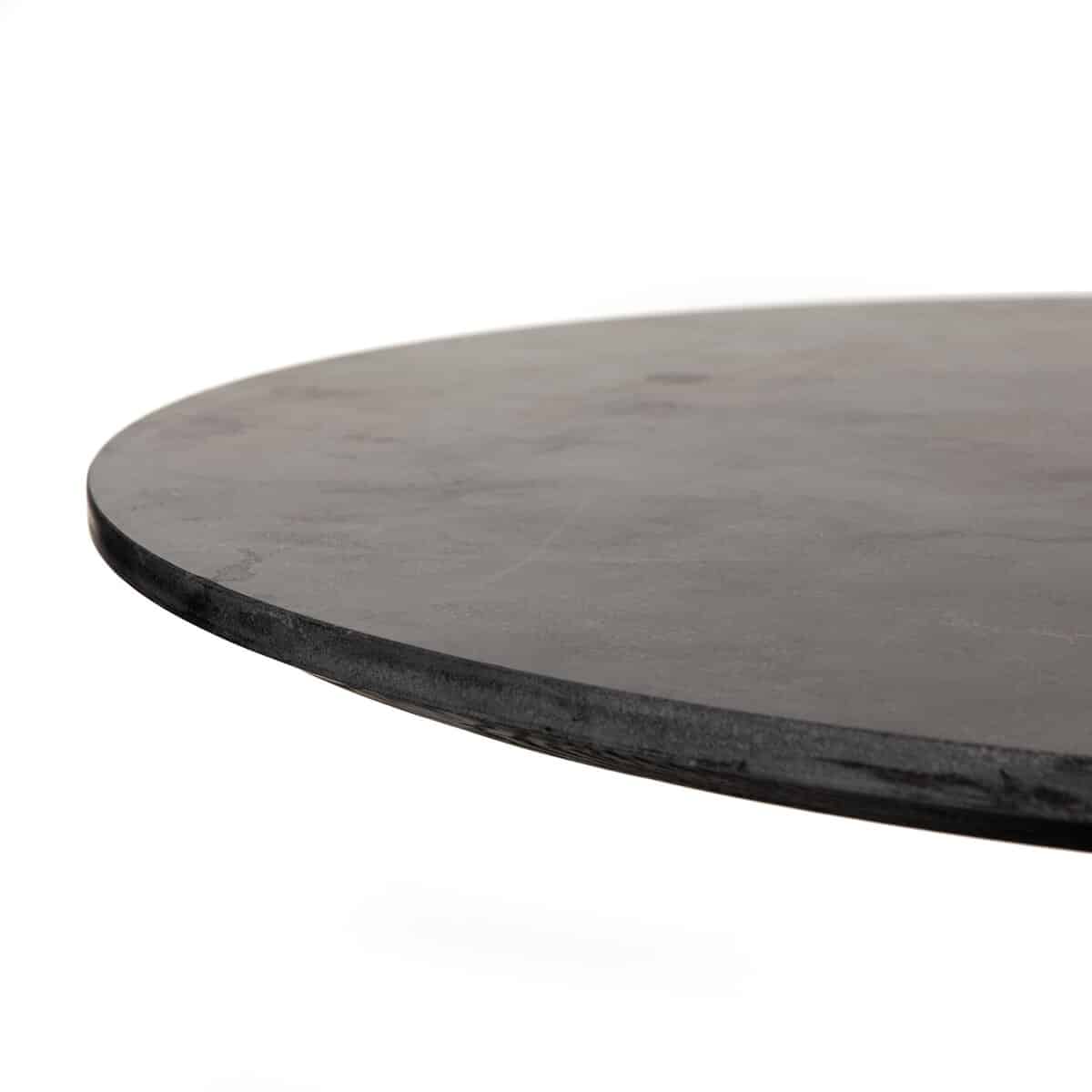 Round Powell Dining Table with Classic Tulip Base in Rustic Black Iron Finish and White Marble Top, featuring an elegant design.