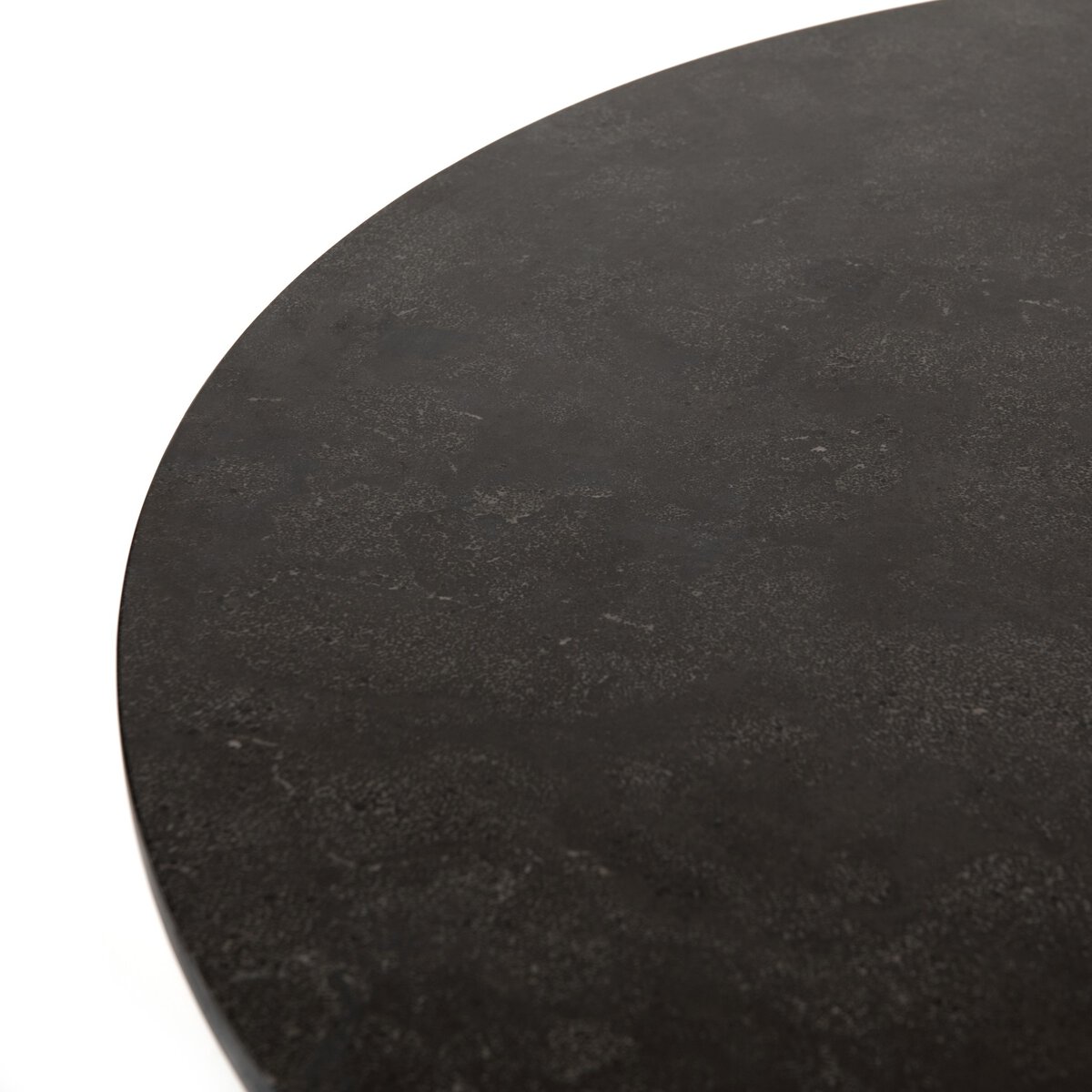Round Powell Dining Table with white marble top and black iron base.