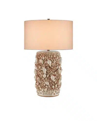 Close-up of Corfu Ivory Faux Shell Ceramic Table Lamp with hand-made dark ceramic base featuring shells, barnacles, and coral details.