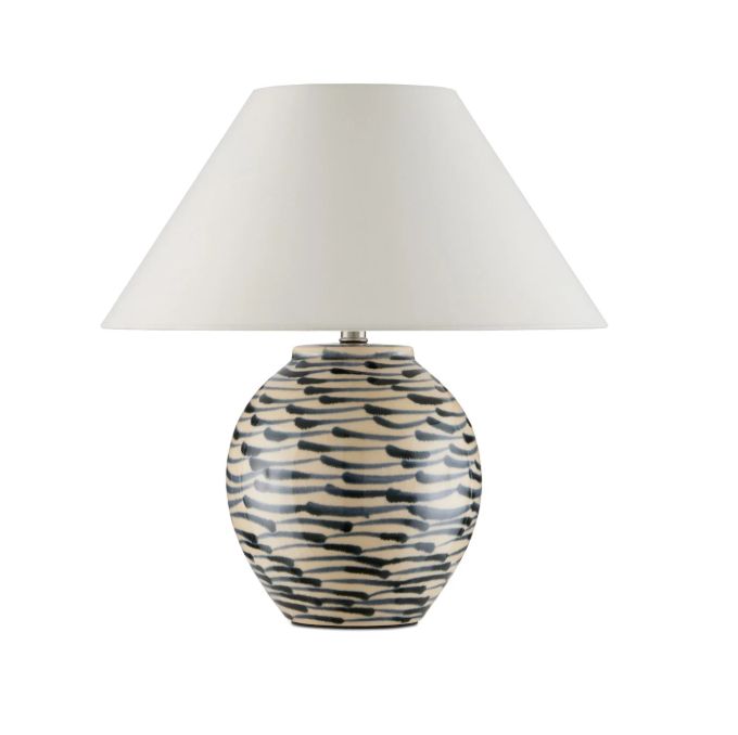 Close-up of Minnow Blue Table Lamp featuring navy blue and beige ceramic finish, 6' clear silver cord, and a single light socket.