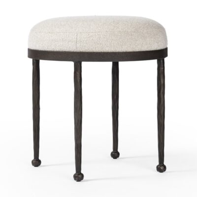 Mid-Century Style Wrought Iron Stool with Hammered Bronze Legs and Pebble Upholstered Seat