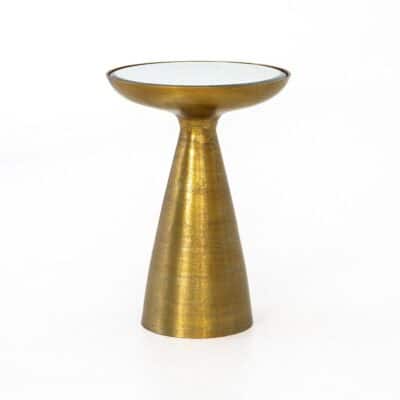 Mod Pedestal Table with Mirrored Top in Brushed Bronze, showcasing its sleek design and reflective surface.