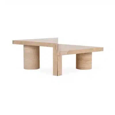 Two-piece travertine coffee table set, featuring different heights for versatile use.