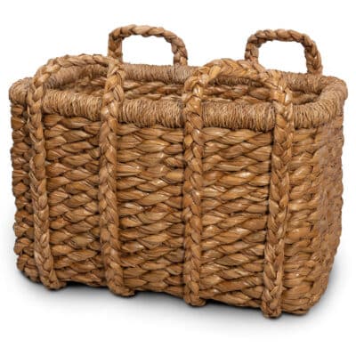 Large rectangular woven seagrass log basket, available in multiple sizes, featuring sturdy handles for easy carrying.