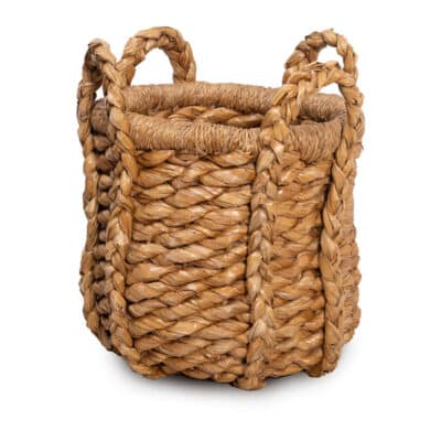 Round woven seagrass basket with handles, available in various sizes.