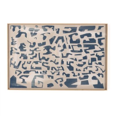 Close-up of Block I Reproduction Art, featuring intricate primitive shapes in blue on vertical grain white oak frame.
