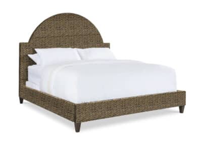 Sleek, jaguar print king bed with elegant upholstery in heavy duty cotton polyester, offering a luxurious weathered gray finish.