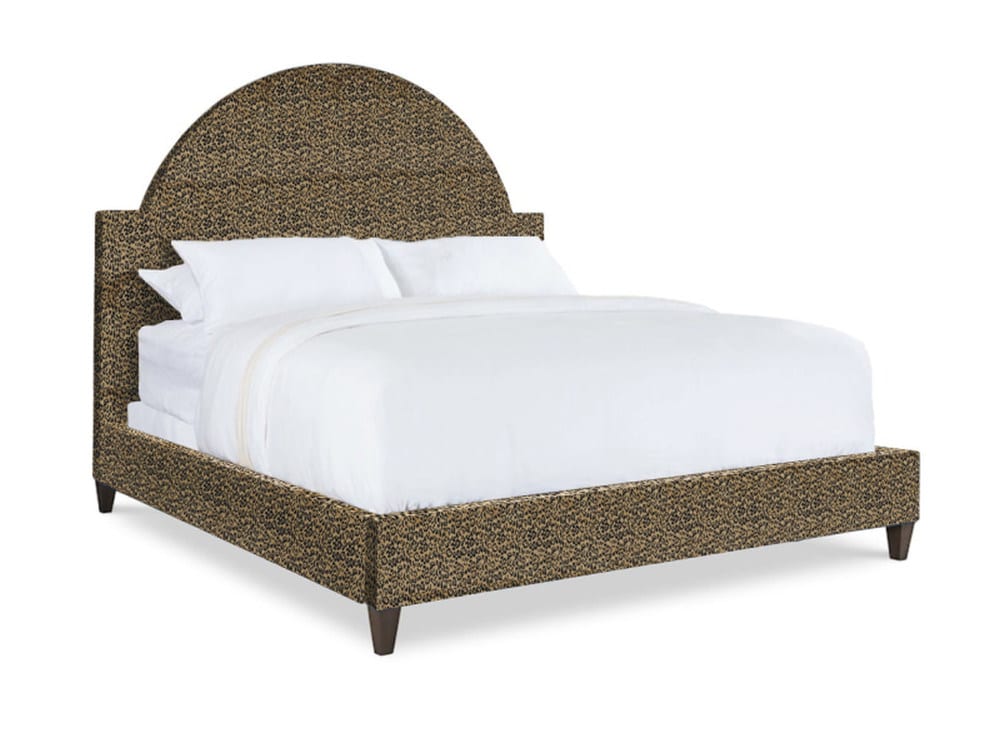 Sleek, jaguar print king bed with elegant upholstery in heavy duty cotton polyester, offering a luxurious weathered gray finish.