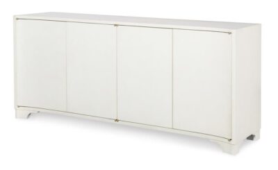 Modern white buffet with clean lines, elegant curves, and faux vellum texture.