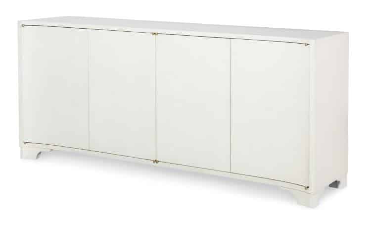 Modern white buffet with clean lines, elegant curves, and faux vellum texture.