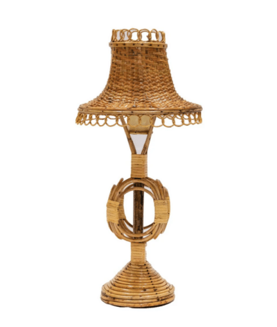 Mini electrified garden lamp, elegant design with wicker shade.