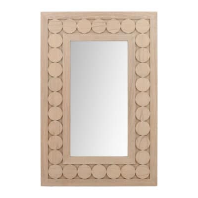 A wall-mounted Circle Motif Mirror with a light natural finish, showcasing circular designs in its wooden frame.