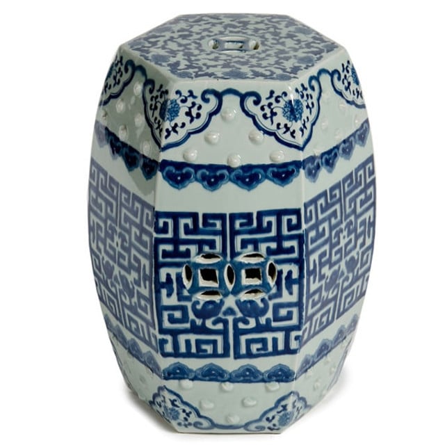 Hexagonal garden stool in blue and white design.
