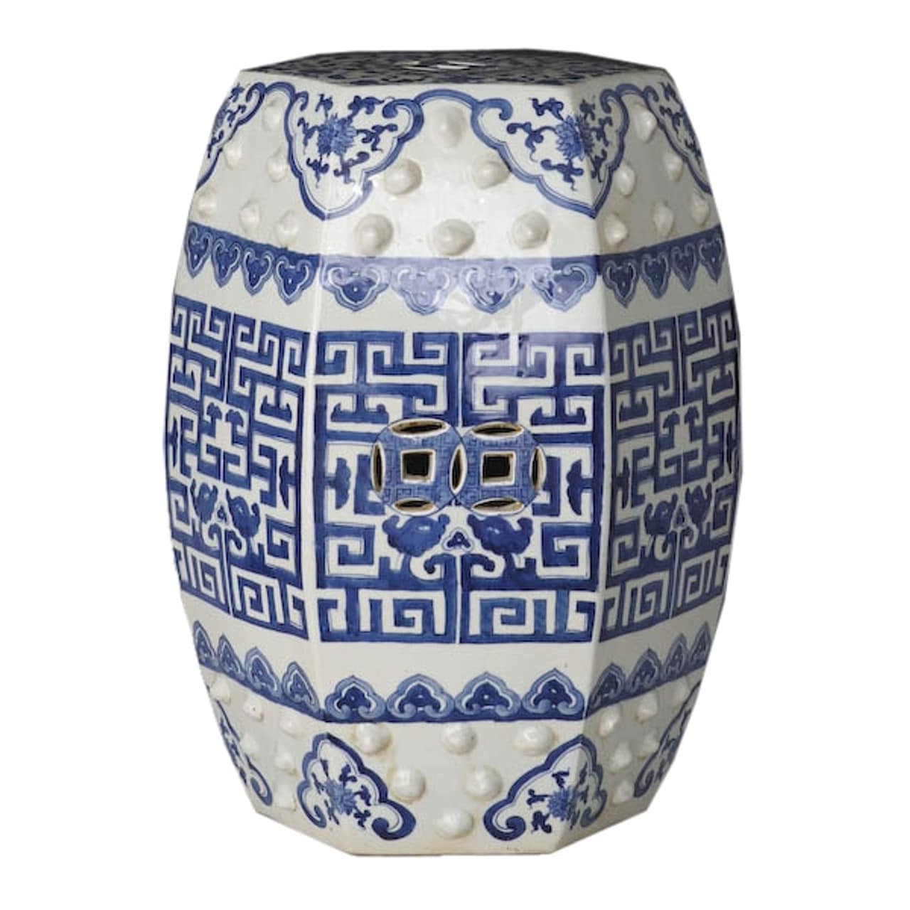 Hexagonal garden stool with blue and white geometric pattern.