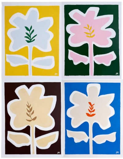 Four vibrant flower paintings in blue, green, pink, and yellow on canvas by Jodee Molina.