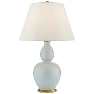 Close-up of Ice Blue Double Gourd Porcelain Table Lamp with Natural Paper Shade