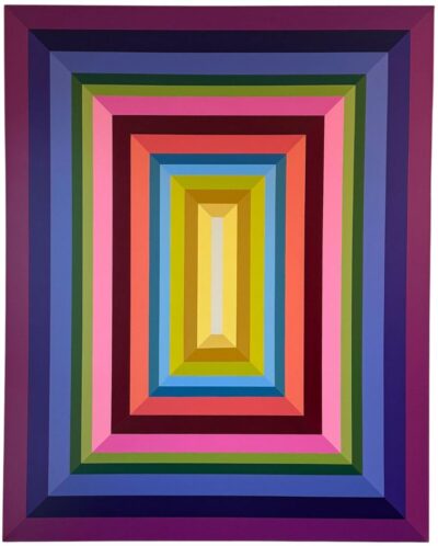Close-up of geometric abstract art on canvas, featuring vibrant colors in a square pattern.