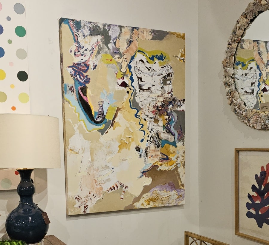 Close-up of Dancing Barefoot Original Art featuring vibrant acrylic on canvas with abstract shapes and colors.