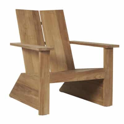 Modern teak Adirondack chair, front view, wide armrests.
