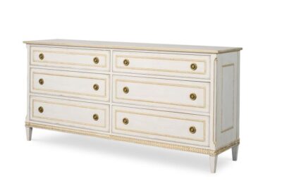 Claire Dresser in white washed acacia wood, featuring gold accents and antique brass hardware.