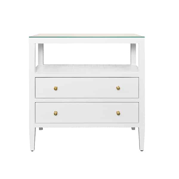 White Morton Night Stand with Polished Brass Hardware Glass Top in Textured Linen or Burl Wood available in White Natural Light Blue