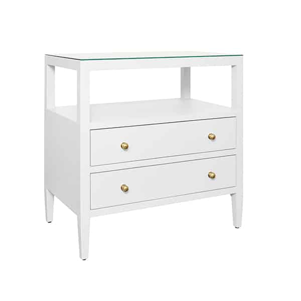 Front view of Morton Night Stand in white, showcasing glass top and polished brass hardware.