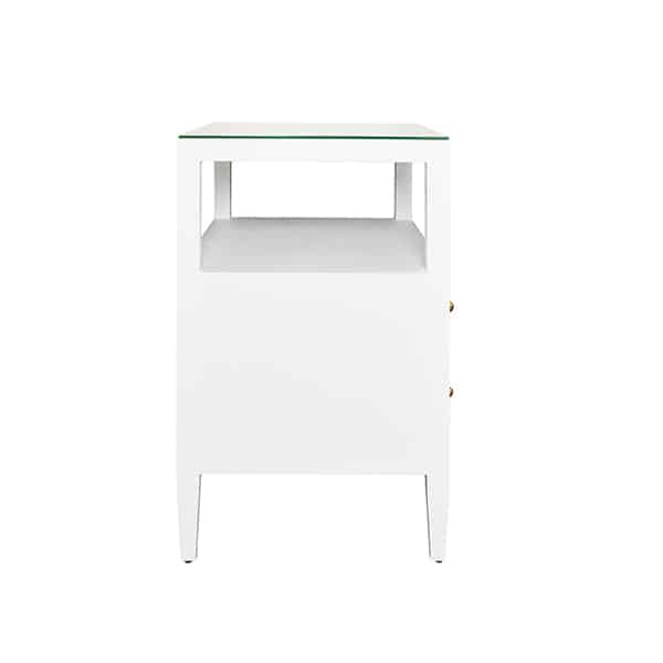 Close-up of Morton Night Stand featuring glass top, white or burl wood finish, polished brass hardware, and available in various colors.