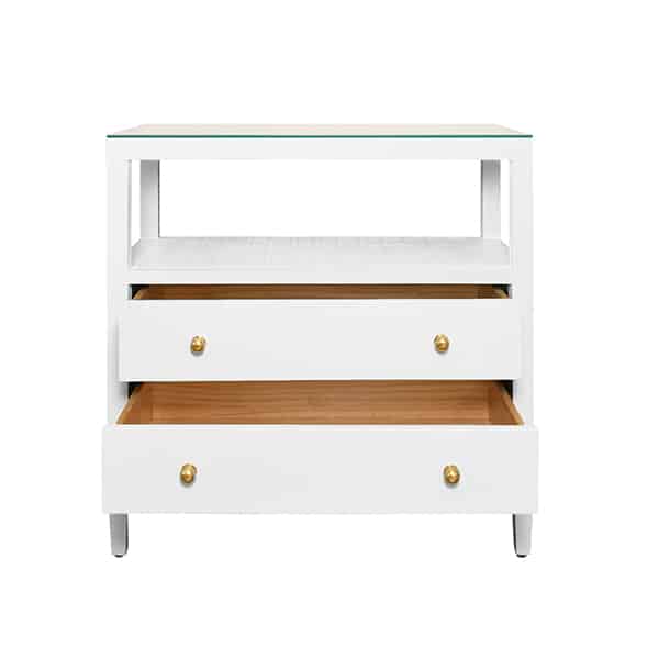 Morton Nightstand in Textured Linen Burl Wood or Glass Top featuring Polished Brass Hardware and available in White Natural Light Blue or