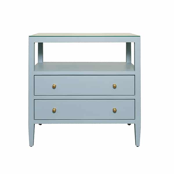 Front view of Morton Night Stand in light blue, featuring polished brass hardware and glass top option.