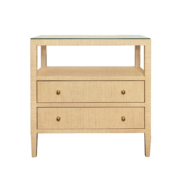 Close-up of Morton Night Stand in Textured Linen or Burl Wood with Polished Brass Hardware available in White Natural Light Blue or