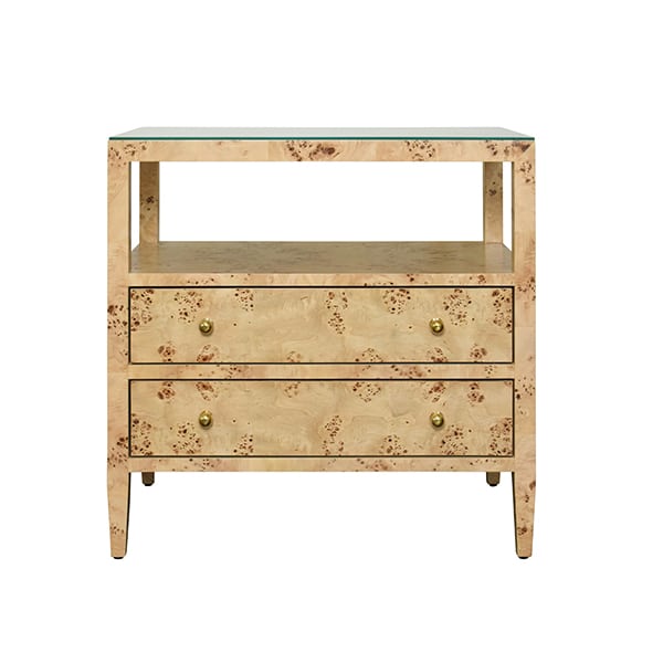 Textured linen nightstand with glass top in white, natural, light blue or burl wood with polished brass hardware.