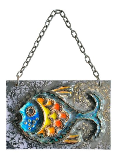 Front view of vintage French mid-century wall plate featuring vibrant fish design in hues of blue, yellow, and orange.