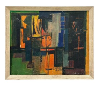 Vintage Orinoco Original Art - Close-up of vibrant oil painting on canvas by Humberto Jaimes Sanchez, framed in dark wood.