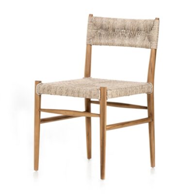 The image shows an outdoor teak dining side chair with a woven all-weather wicker seat offering durability for use in various weather
