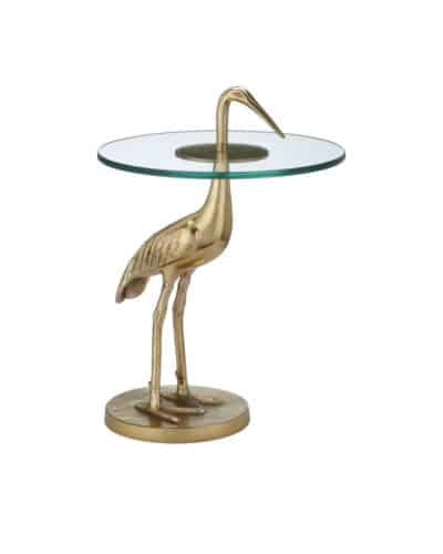 Gold crane brass side table with glass top.
