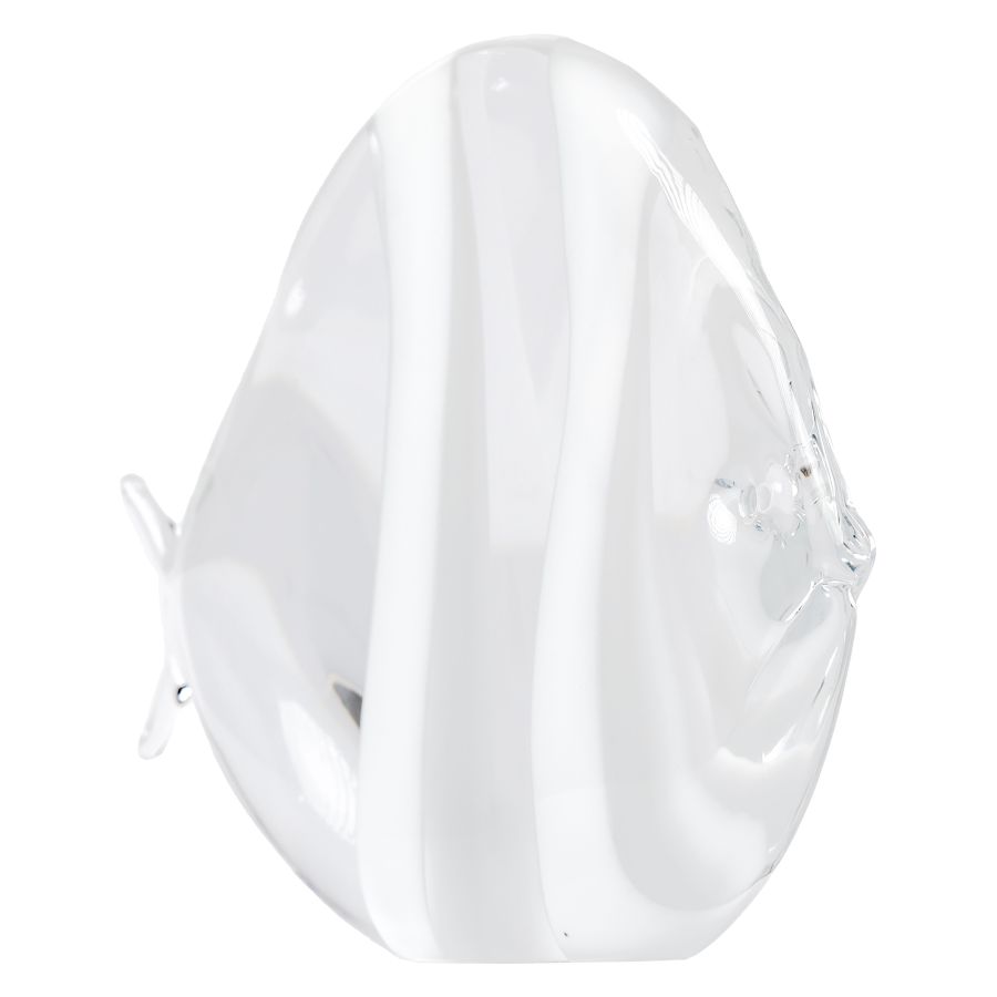 Close-up of large vintage Murano glass fish sculpture, featuring white stripes on body, signed by artist Elio Raffalei.