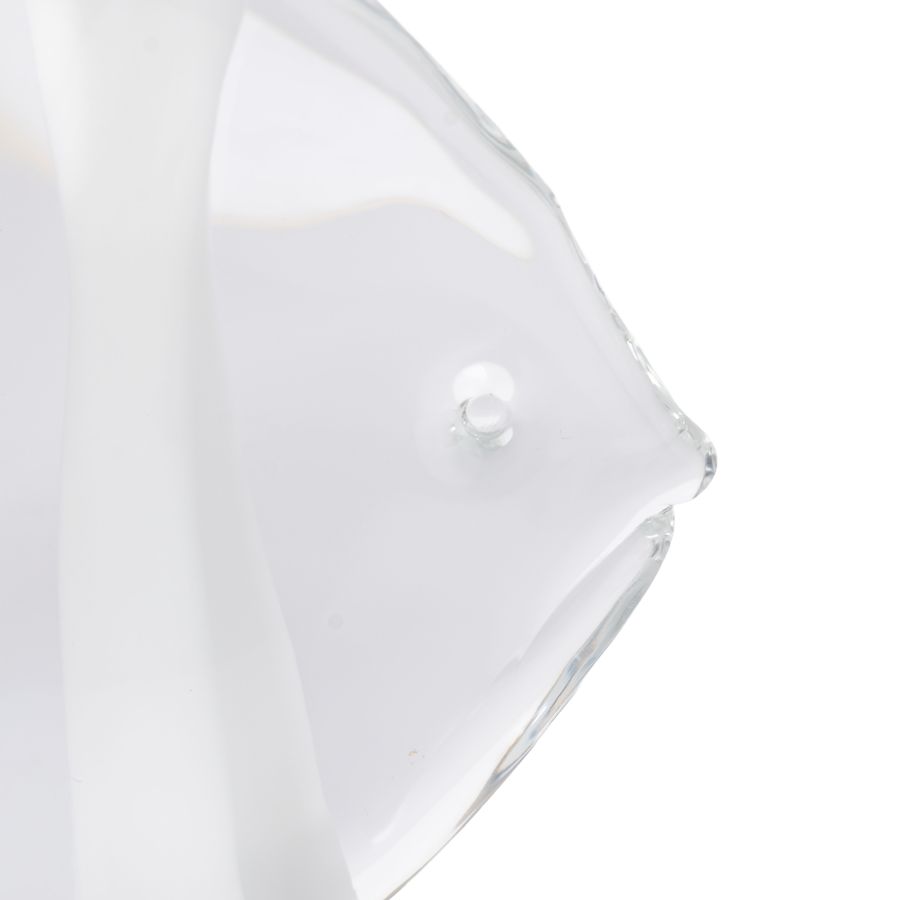 Close-up of vintage Murano glass fish sculpture, showcasing intricate details and artist signature.