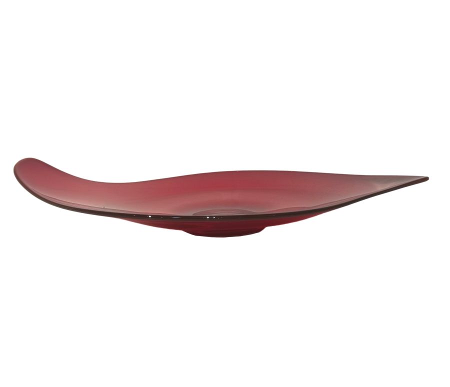 Vintage Red Viking Glass Platter, close-up side profile showing curvaceous design.