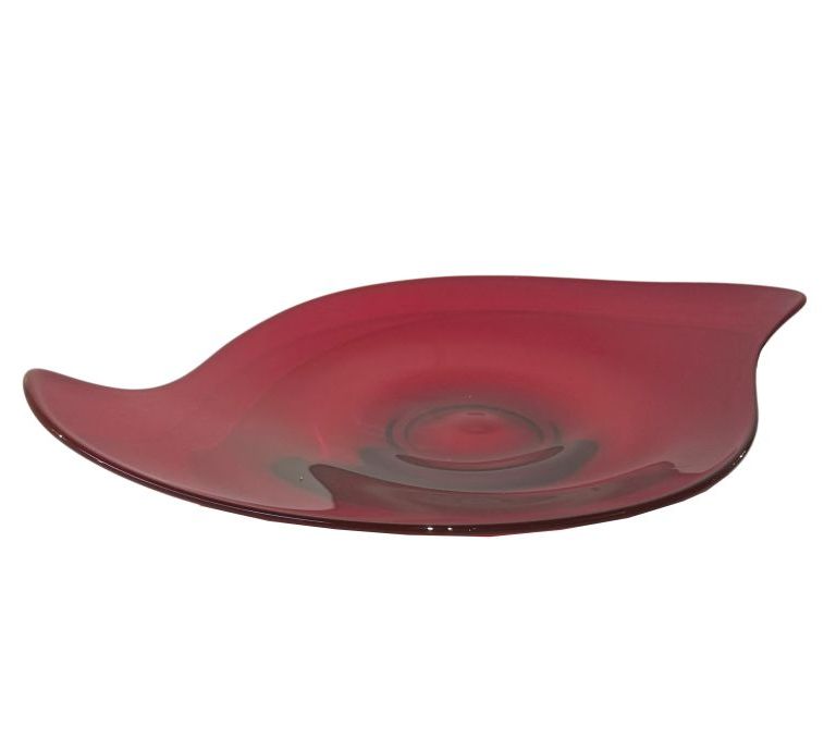 Elegant vintage red Viking glass platter in close-up, featuring intricate details and smooth finish.