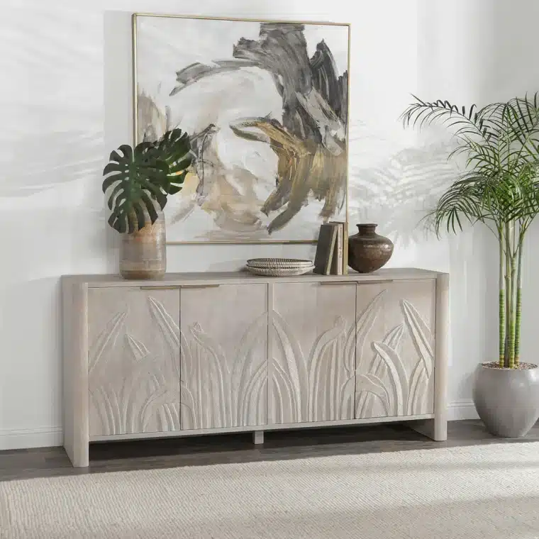 Cream Mango Wood Buffet with Palm Motif - Image 11