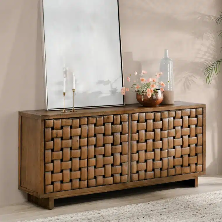 Carved Woven Motif Wood Buffet - Image 7
