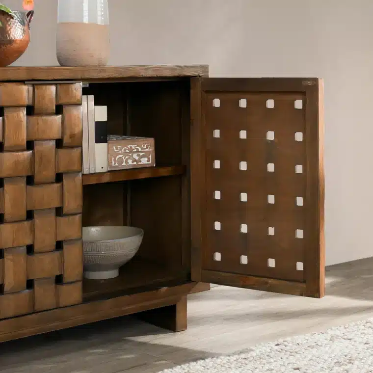 Carved Woven Motif Wood Buffet - Image 9