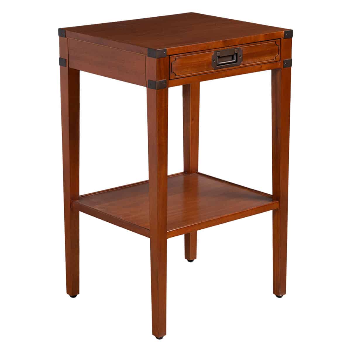 Bronze hardware accents on one drawer campaign style nightstand or side table.