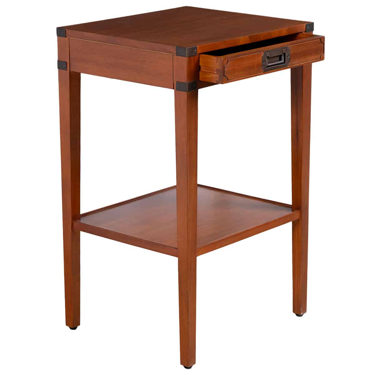 The image shows a Campaign Style Night Stand with a bronze handle featuring a single drawer and a bottom shelf crafted from