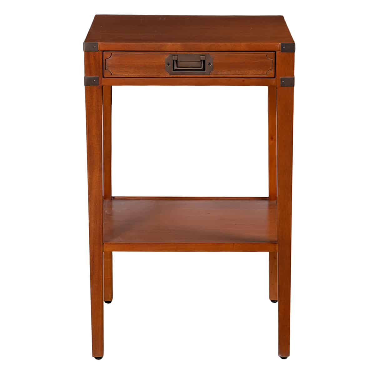 Close-up of Bronze Hardware on One Drawer Campaign Style Side Table